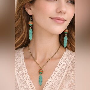 Boho Turquoise Feather Necklace & Earrings Set | Brass Tone